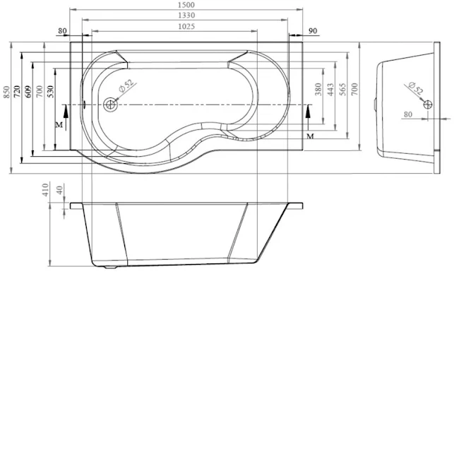 BC Designs SolidBlue P 1500mm X 850mm Left Handed P Shape Bath White - BAI020 6 BC Designs SolidBlue P 1500mm X 850mm Left Handed P Shape Bath White - BAI020 - Image 4